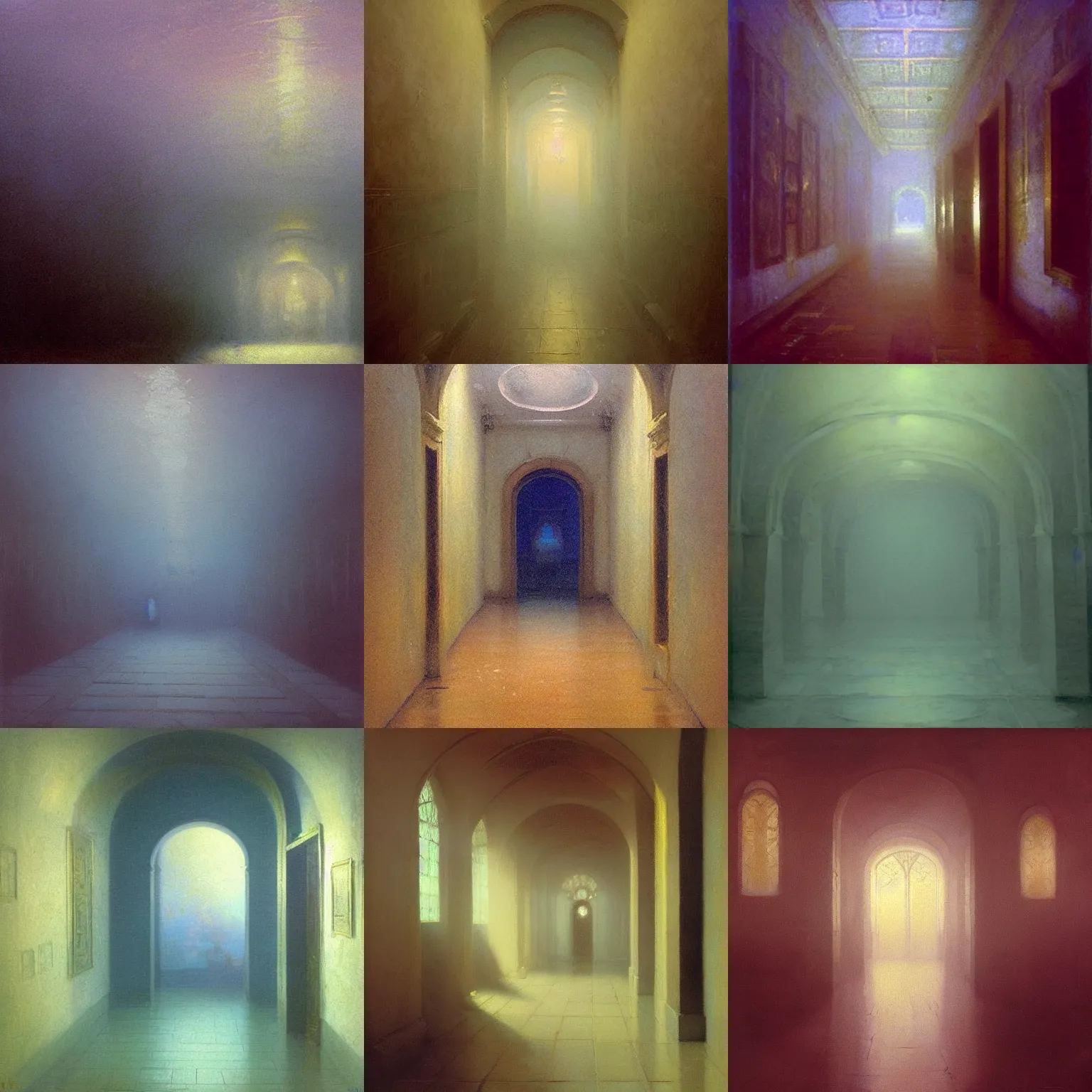 Image similar to A highly detailed hallway liminal space by Ivan Aivazovsky and Nicholas Roerich, impressionistic brushwork, silent hill aesthetic