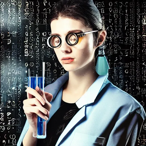 Image similar to portrait beautiful fantastic cyberpunk style doctor scientist using test tubes