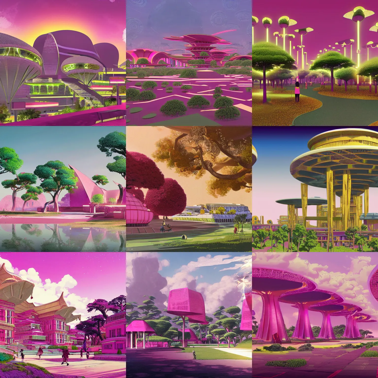 Prompt: afro futuristic college campus in the year 1 8 7 0, beautiful landscape, concept art render, by studio ghibli and dwayne mcduffie and denys cowan, hot pink and gold color scheme, 3 2 k, hd, intricate details, no people, epic composition