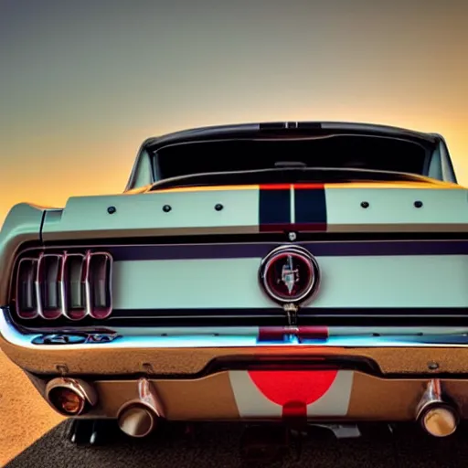 Image similar to long shot of 1967 Ford mustang Shelby GT500 in pink color at sunset in front a beach, 8k, amazing reflection from the car, UHD Photography