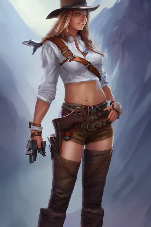 Image similar to full body, female cowgirl, perfect face, white blouse, empty gun holster, 8 k, magic the gathering, desert, d & d, artstation, high detail, smooth, muscular