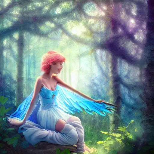 Prompt: sky blue fairy in a forest, close shot, fantasy painting, cottagecore, fantasycore, light colors, artstation contest winner