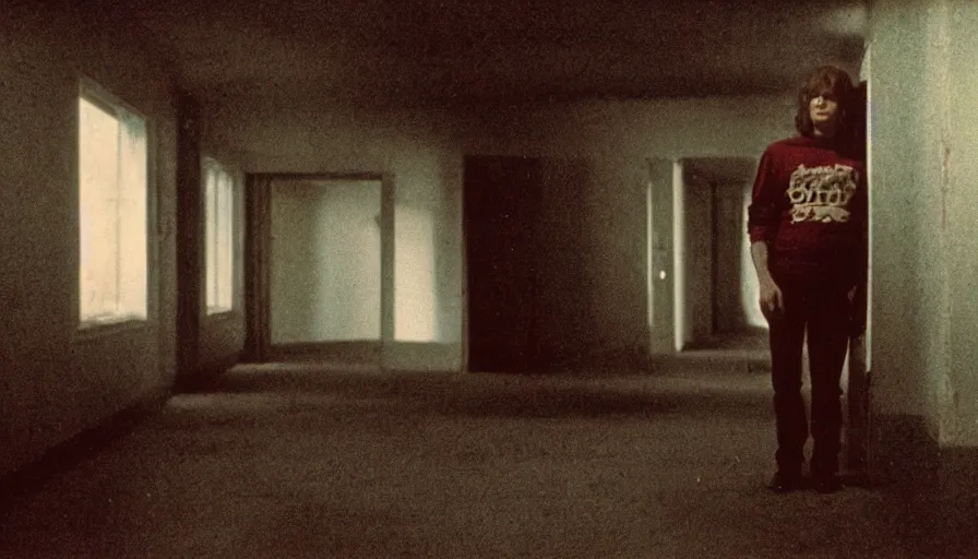 Prompt: 7 0 s film still from a horror movie featuring a person suffering from treacher collins syndrome standing alone in a liminal space, kodachrome, cinecolor, cinestill, photorealism, cinematic, film grain, film texture, vhs recording