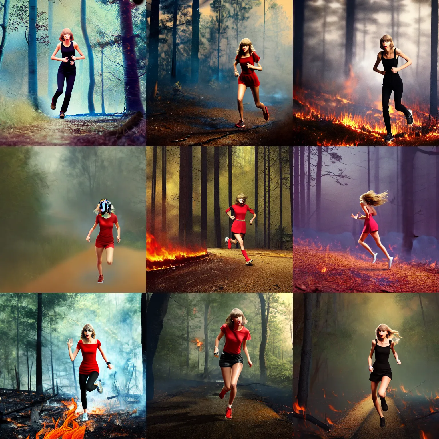 Prompt: taylor swift running away from a fire in a forest, detailed face, found footage, motion blur, 4 k, trending on artstation, celebrities