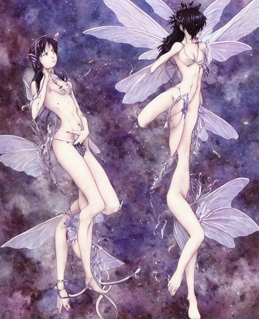 Image similar to an attractive faery appearing from another reality to grant me 3 wishes. art by yoshiyuki sadamoto