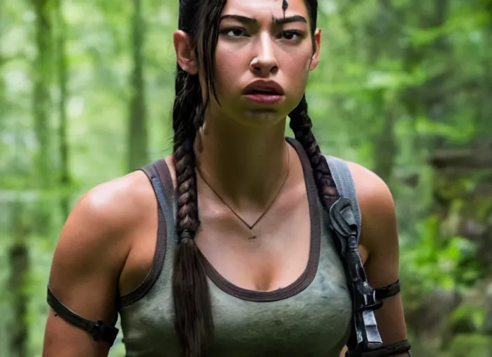 Image similar to film still of!!!! amber midthunder!!! as lara croft in new tomb raider movie, 8 k