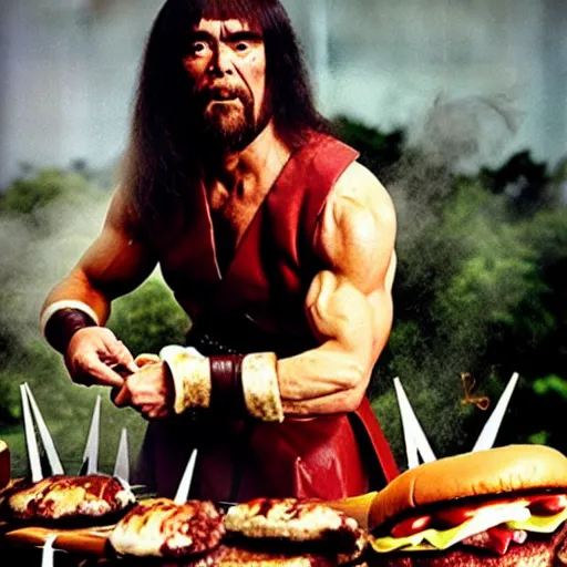 Image similar to candid photo of conan the barbarian flipping burger on a barbecue. he is wearing an apron with unicorn drawing, and a tutu. photo by annie leibovitz