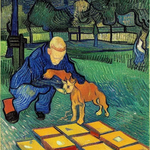 Image similar to Eminem with a dog plays with wooden blocks at Central Park painting by van gogh