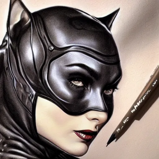 Prompt: pencil art, detailed portrait of catwoman, intricate, hyper detailed, realistic, oil painting, by julie bell, frank frazetta, cinematic lighting