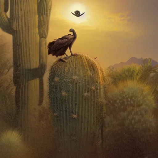 Image similar to A dodo bird perched atop a Saguaro cactus in the desert, full body, digital art, trending on Artstation, high detail, sharp focus, illustration, art by artgerm and greg rutkowski and alphonse mucha.