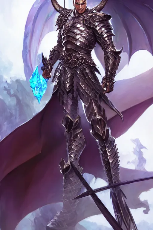 Image similar to Full body character concept art of an anime draconian warrior knight, iridescent scales, cool face, muscular, by Stanley Artgerm Lau, WLOP, Rossdraws, James Jean, Andrei Riabovitchev, Marc Simonetti, and Sakimichan, tranding on artstation