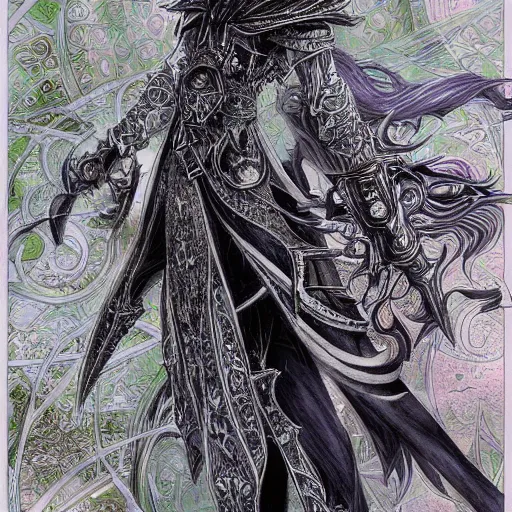 Image similar to a mage from final fantasy 14 drawn by Yoshitaka Amano, intricate, amazing line work, psychedelic