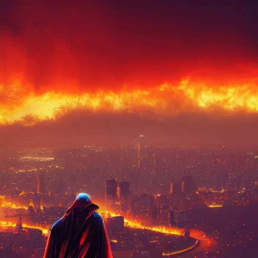 Prompt: Red grim reaper watching over a city in flames, yellow sky, 8k resolution