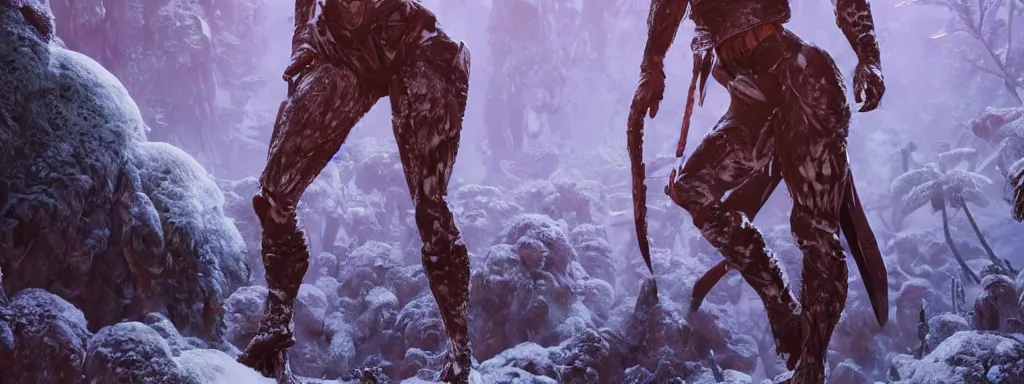 Image similar to muscular explorer woman walking forward in animal fur armour with crop top midriff, walking in a dense alien snow covered frosty jungle, with snow covered colourful red, blue and purple plants, large vines, snow covered arched organic rock structures, in the style of monster hunter world, like concept art on artstation, hyperdetailed, vray render, octane render,