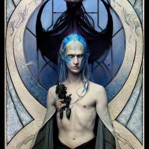 Prompt: portrait of an androgynous albino Viking elf with blue-tinged skin and ghostly art nouveau tattoos wearing black cloak and expression of manic disdain by Greg Rutkowski, Brom, Yoshitaka Amano!!!! and Alphonse Mucha