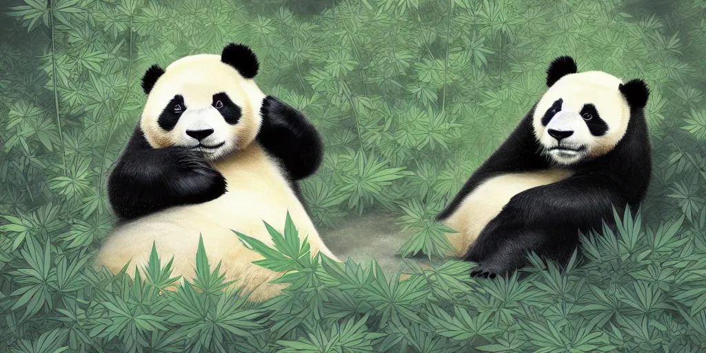 Image similar to beautiful aesthetic digital illustration of a relaxed panda surrounded by an endless forest of weed wlop and Julia Razumova, realistic, photorealistic, hyperrealistic, unreal engine, octane, deviantArt, trending on artstation, artstation HQ