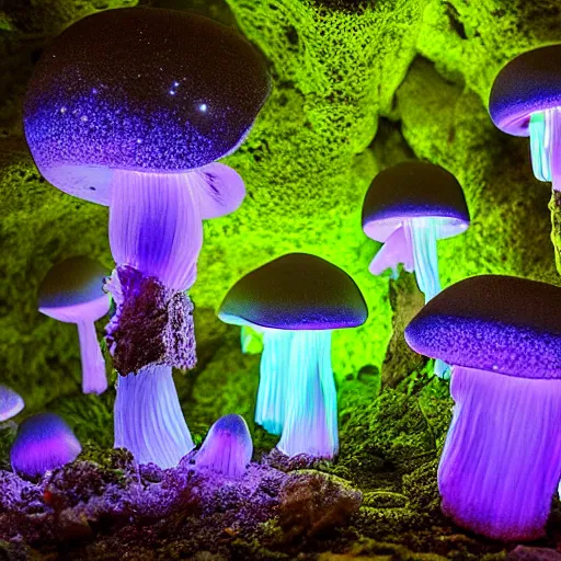 Image similar to a beautiful bioluminescent mushroom cave scene