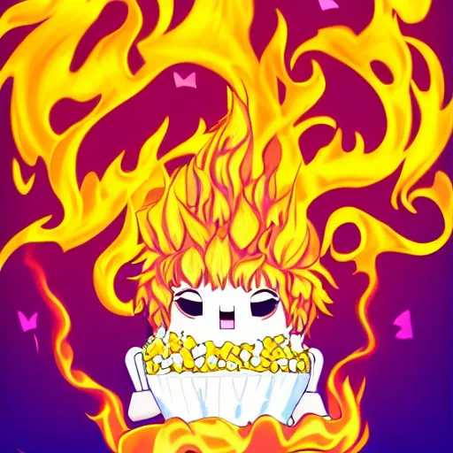 Image similar to fluffy strange popcorn elemental spirit anime character with a smiling face and flames for hair, sitting on a lotus flower, clean composition, symmetrical