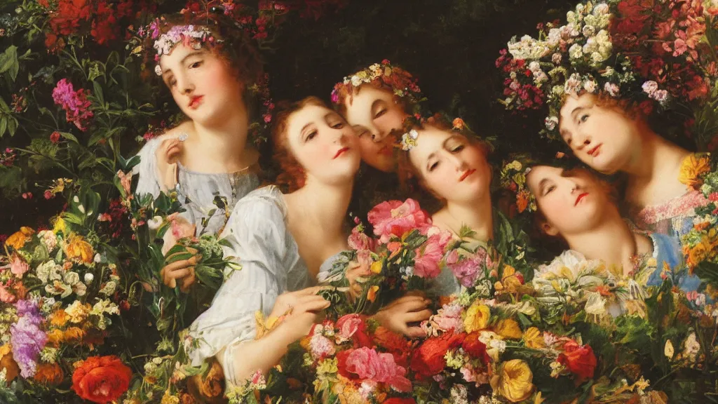 Image similar to A young guy's head is lying in a beautiful bouquet of flowers on a table, and his sisters are looking on, ancient fairy tale style