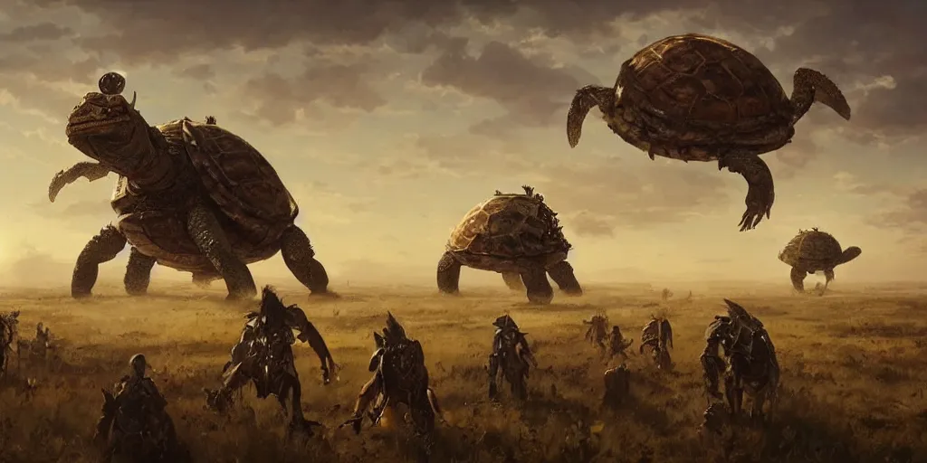 Image similar to a tribe fighting a giant steampunk turtle monster on the empty plains at dawn, ethereal fantasy art by greg rutkowski