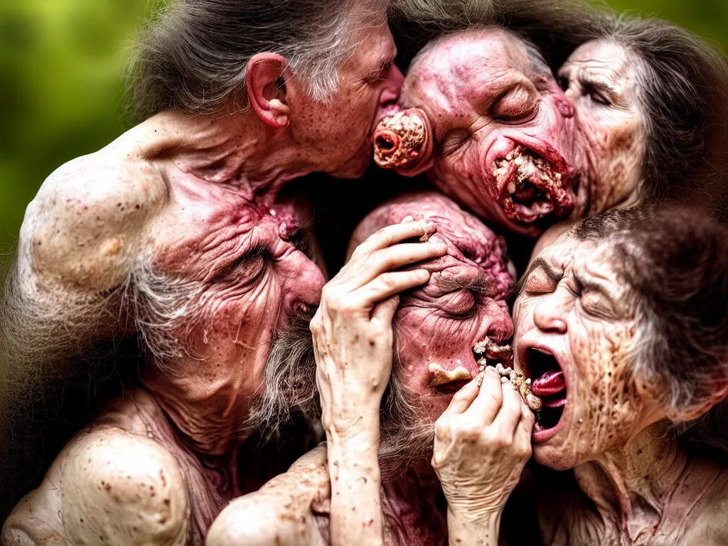 Prompt: a perfect photograph of a 1 0 0 0 0 year old man and a 1 0 0 0 0 0 year old woman vomiting into each others mouth, spittle and drool flying everywhere. their faces contorted by the overpowering stench they have created.