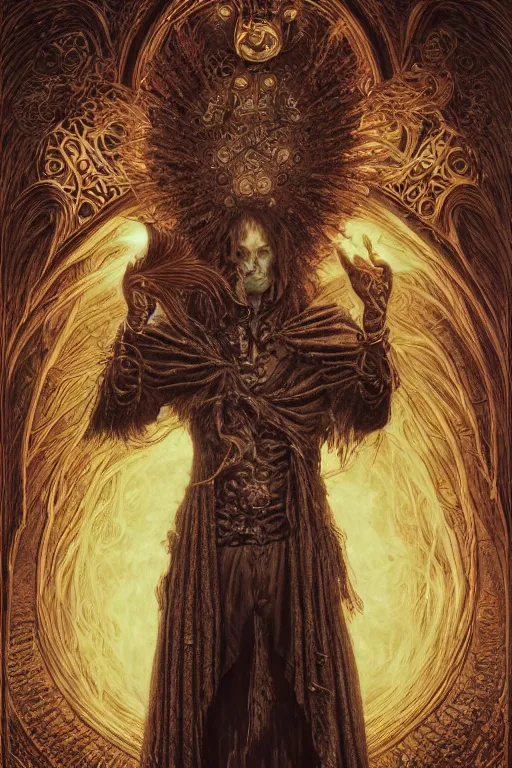 Image similar to highly detailed portrait of a dark mage casting a spell by alex grey, patrick woodroffe, mark ryden created by gustave dore and greg rutkowski, high detailed, smooth draw, synthwave neon retro, intricate, realistic proportions, dramatic lighting, trending on artstation