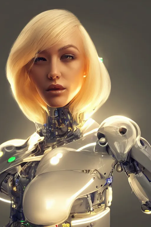 Image similar to a beautiful woman with blonde hair wearing robot suit with wires and light, highly detailed, photorealistic, artstation, smooth