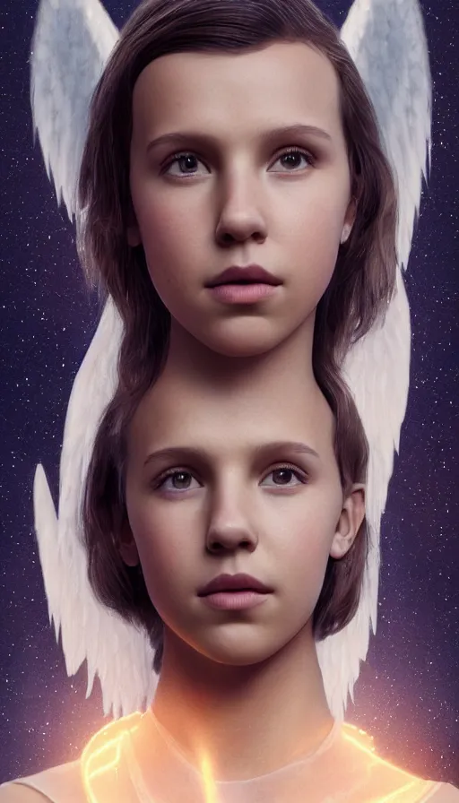 Image similar to portrait art of millie bobby brown or alicia vikander as a blonde angel, art by alessio albi 8 k ultra realistic, angel wings, lens flare, atmosphere, glow, detailed, intricate, full of colour, led lighting, trending on artstation, 4 k, hyperrealistic, focused, extreme details, unreal engine 5, masterpiece