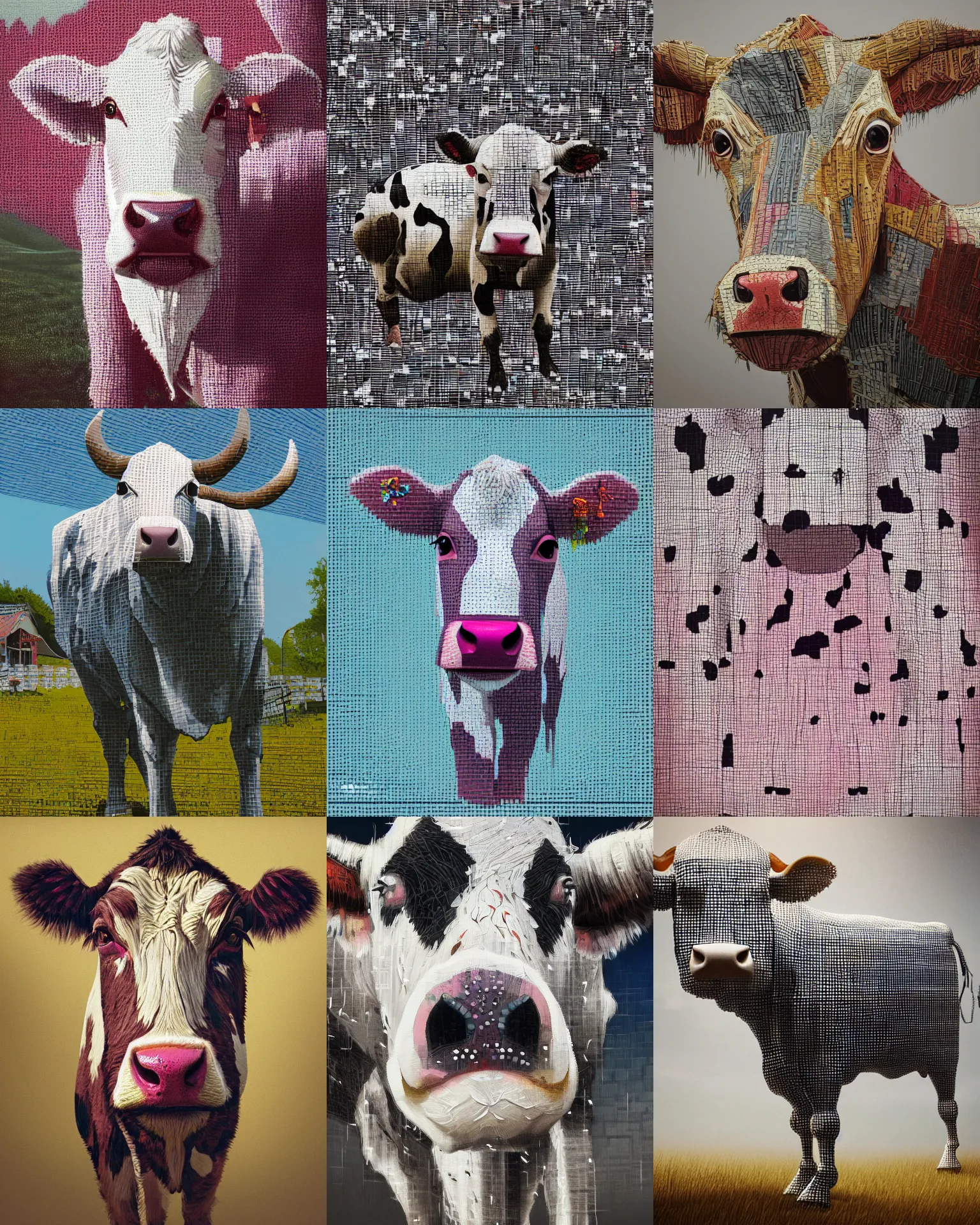 Prompt: cow made of gingham. intricate abstract. intricate artwork. by tooth wu, wlop, beeple, dan mumford. trending on artstation, greg rutkowski very coherent symmetrical artwork. cinematic, hyper realism, high detail, octane render, 8 k, iridescent accents