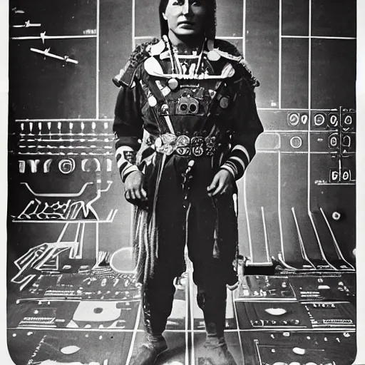 Prompt: portrait of Iroquois warrior standing in front of a space ship command center, cockpits with a lot of buttons, complex machinery, space ship interrior nostromo style, ornaments and tribal decorations, black and white old photo, vintage