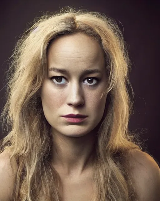 Prompt: annie leibovitz striking headshot of brie larson in rick baker makeup as an anthropomorphic beautiful lioness : hyperreal