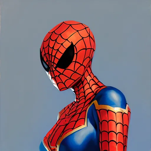 Image similar to greg manchess portrait painting of partially armored female spiderman as overwatch character, medium shot, asymmetrical, profile picture, organic painting, sunny day, matte painting, bold shapes, hard edges, street art, trending on artstation, by huang guangjian, gil elvgren, ruan jia, greg rutkowski, gaston bussiere