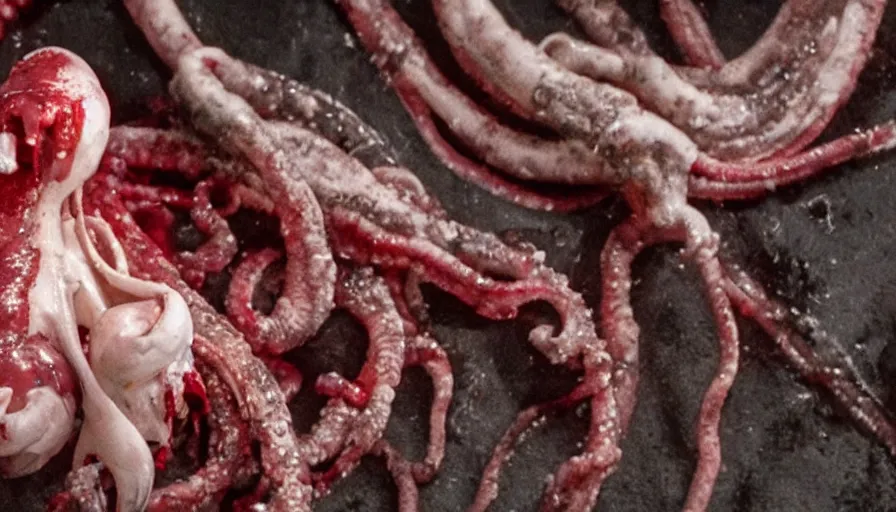 Image similar to Big budget horror movie, a squid bloodily rips out a cyborg's intestines