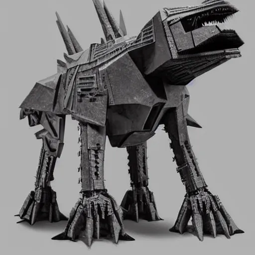 Image similar to a fusion between the tarrasque and an AT-AT, flat grey color, completely metal, guns on shoulders, hyper-realistic CG