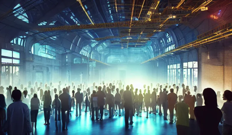 Image similar to crowd of people in simple warehouse, looking at hologram of futuristic city on a table, cinematic concept art, godrays, golden hour, natural sunlight, 4 k, clear details, tabletop model buildings, center model buildings, hologram center, crane shot, crane shot, crane shot