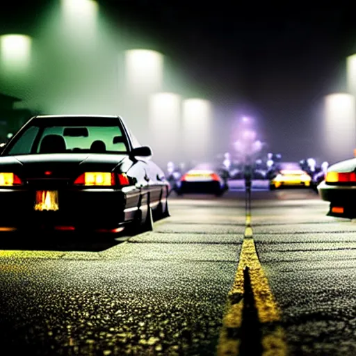 Image similar to a car JZX100 at illegal car meet, Saitama prefecture, city sunset mist streetlights, cinematic color, photorealistic, highly detailed, 200MM