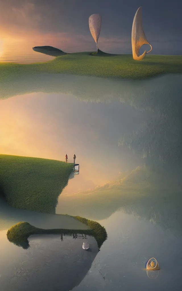 Image similar to a surreal landscape at sunset with a immense gigantic ornated iron chalice cup with a lake inside, water in excess dropping by gediminas pranckevicius