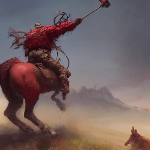 Image similar to Red ogre riding a horse, funny, portrait, Greg rutkowski