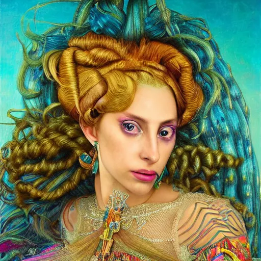 Image similar to photo realistic, hyper realism, lady gaga artpop act ii album, intricate detail, hyper detail, gaston bussiere, sandro botticelli style, with neon aqua rapunzel dreadlocks, detailed, masterpiece, sharp focus,