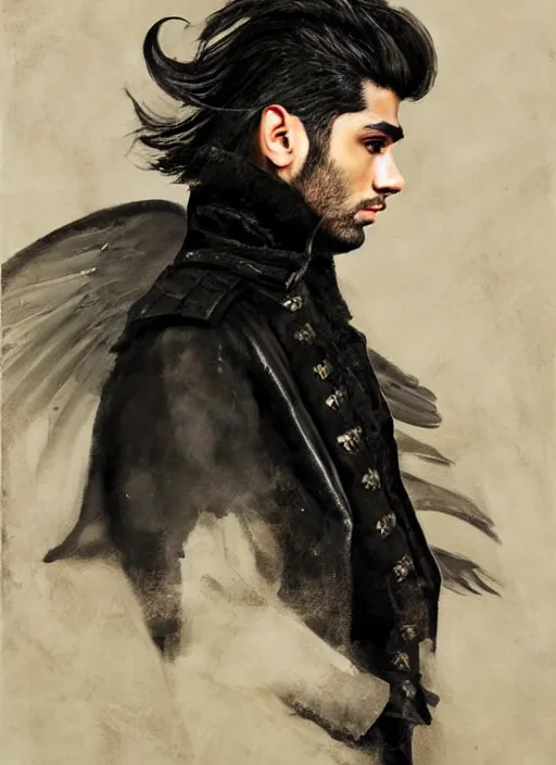 Prompt: portrait painting of zayn malik as with black angel wings and elf ears by jeremy mann, wearing leather napoleonic military style jacket, pointy ears, large black wings background, black wings, black angel wings