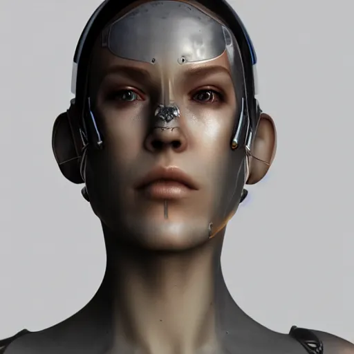 Image similar to daz3d genesis 8 female cyborg cyberpunk, Iray shaders, studio HDRI soft lighting, natural skin textures ultra hd 8k, ray traced, unreal engine, cinematic realistic portrait, reflective metal, sub surface scattering