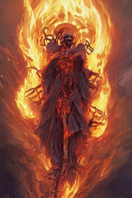 Prompt: skeleton burning in divine holy flame spell scroll art by artgerm and greg rutkowski and Craig Mullins, James Jean, Andrey Ryabovichev, Mark Simonetti and Peter Morbacher 16k