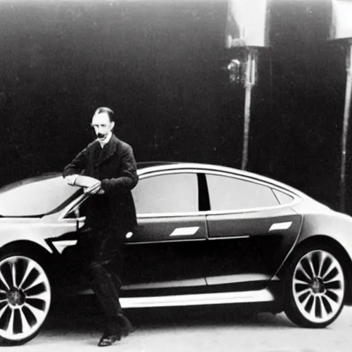 Prompt: nikola tesla driving a modern tesla model s in 2 0 2 5