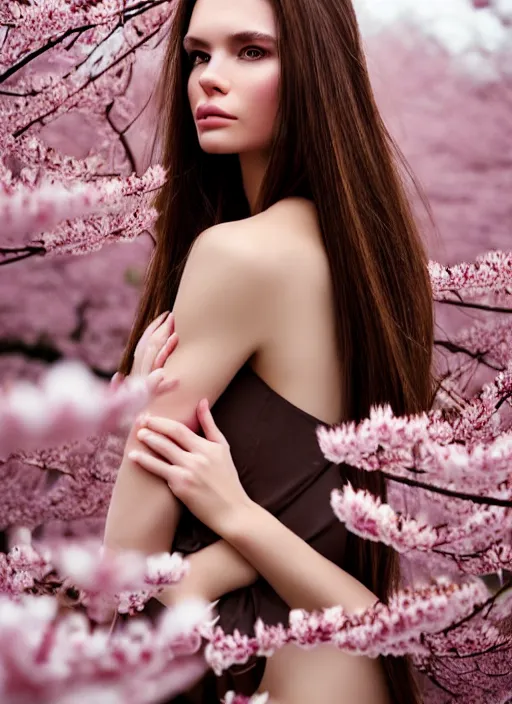 Prompt: a gorgeous female with long brown hair, photo by oliver valsecchi, realistic, perfect face, half body shot, wide angle, sharp focus, 8 k high definition, insanely detailed, intricate, elegant, art by stefan kostic, cherry blossoms