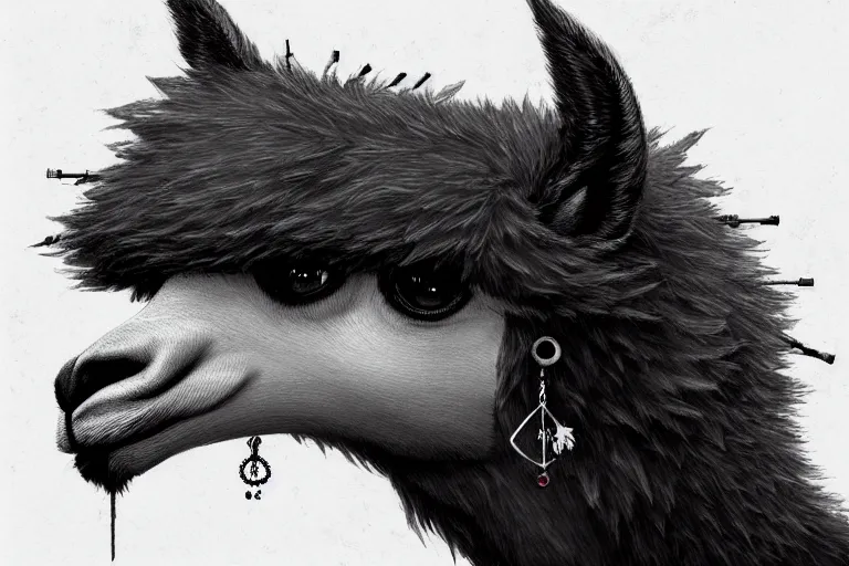 Image similar to highly detailed animal portrait of an emo alpaca, black eyeshadow, piercings, earrings, digital art made by makoto shinkai, lois van baarle, greg rutkowski and jakub rebelka, highly detailed, symmetrical, extremely coherent, smooth, shaped focus, dystopian gray forest background, skull