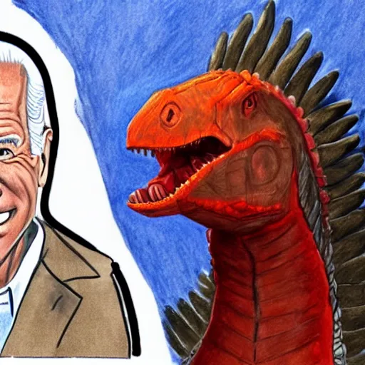 Image similar to drawing, Joe Biden dressed as a dinosaur, open-faced drawing, Joe Biden dressed as a dinosaur, open-faced