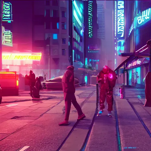 Image similar to distopian cyberpunk street, neon, photorealistic, homeless people in the streets, unreal engine 5 »