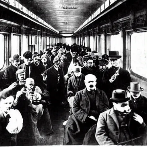 Prompt: an old historical photo of commuters in the train to new york, 1 8 9 0, everybody is looking on their smartphones