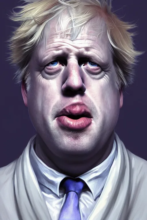 Image similar to Boris Johnson as drunk genius Rick Sanchez, one eyebrow, white robe, big eyes, 2d portrait, symmetrical, highly detailed, digital painting, artstation, concept art, smooth, sharp focus, illustration, cinematic lighting, art by artgerm and greg rutkowski and alphonse mucha