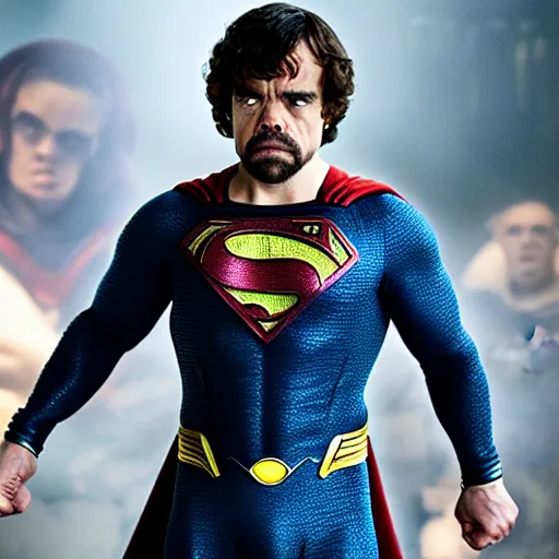 Image similar to stunning awe inspiring peter dinklage as superman, movie still 8 k hdr atmospheric lighting